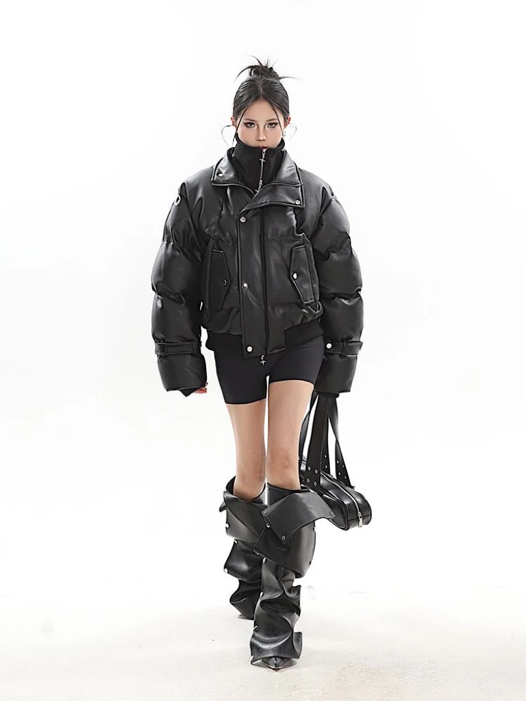 American Retro High-End Feel ort PU Pelle Jaet Metal Sense Pane Cappotto Colletto alla coreana Capispalla invernale per donna