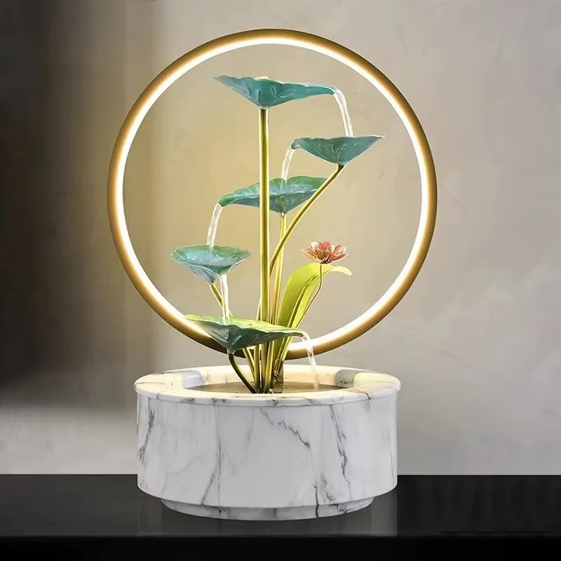 

2026 Modern LED Water Fountain Ornament Indoor Lotus Decor Marble Base Home Office Feng Shui Creative Mini Waterfall With Light