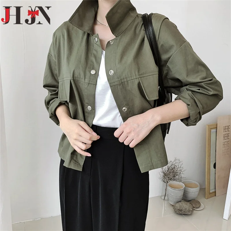 

JHJN New Cotton Women's Cargo Jacket Pockets Polo Collar Spring Autumn Long Sleeve Casual Green Outwear Coats