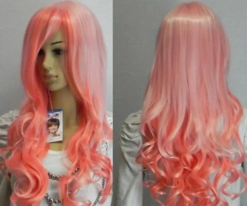 Peluca de pelo largo y rizado para mujer, hermoso, Rosa mezclado, nuevo, Cosplay