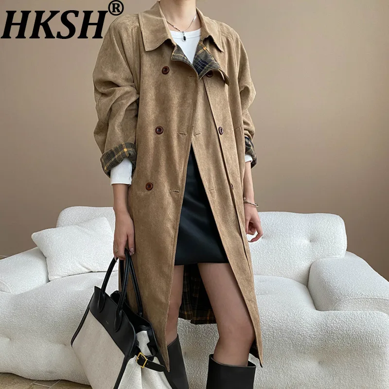 

HKSH Spring Autumn New Women Long Trench Coat Faux Suede Both Side Wear Plaid Spliced Double Breasted Elegant Y2K Jacket HK12588