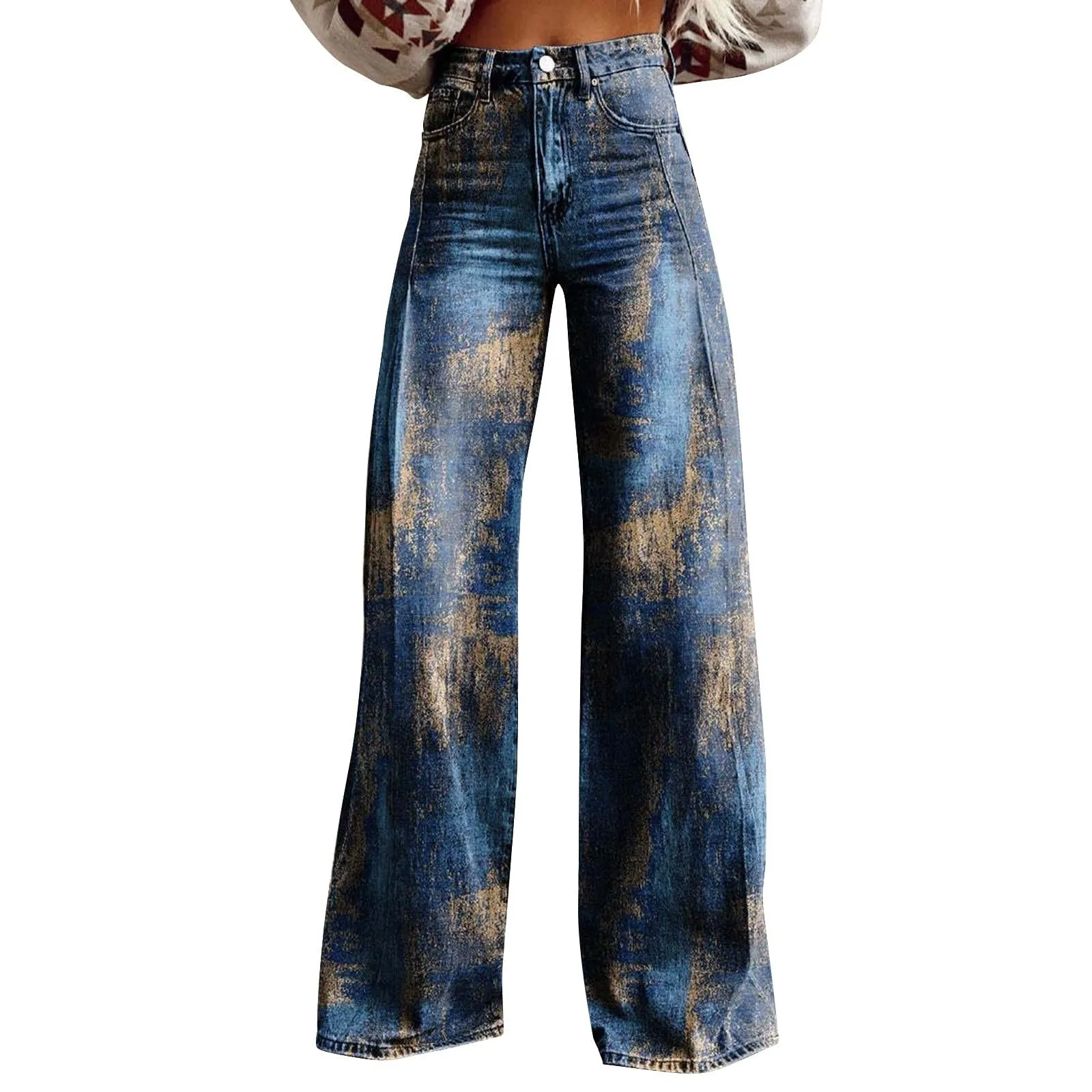 Pantalon évasé à jambes larges pour femmes, avec poches imprimées amples de style vintage, pantalon long pour femmes avec taille détendue