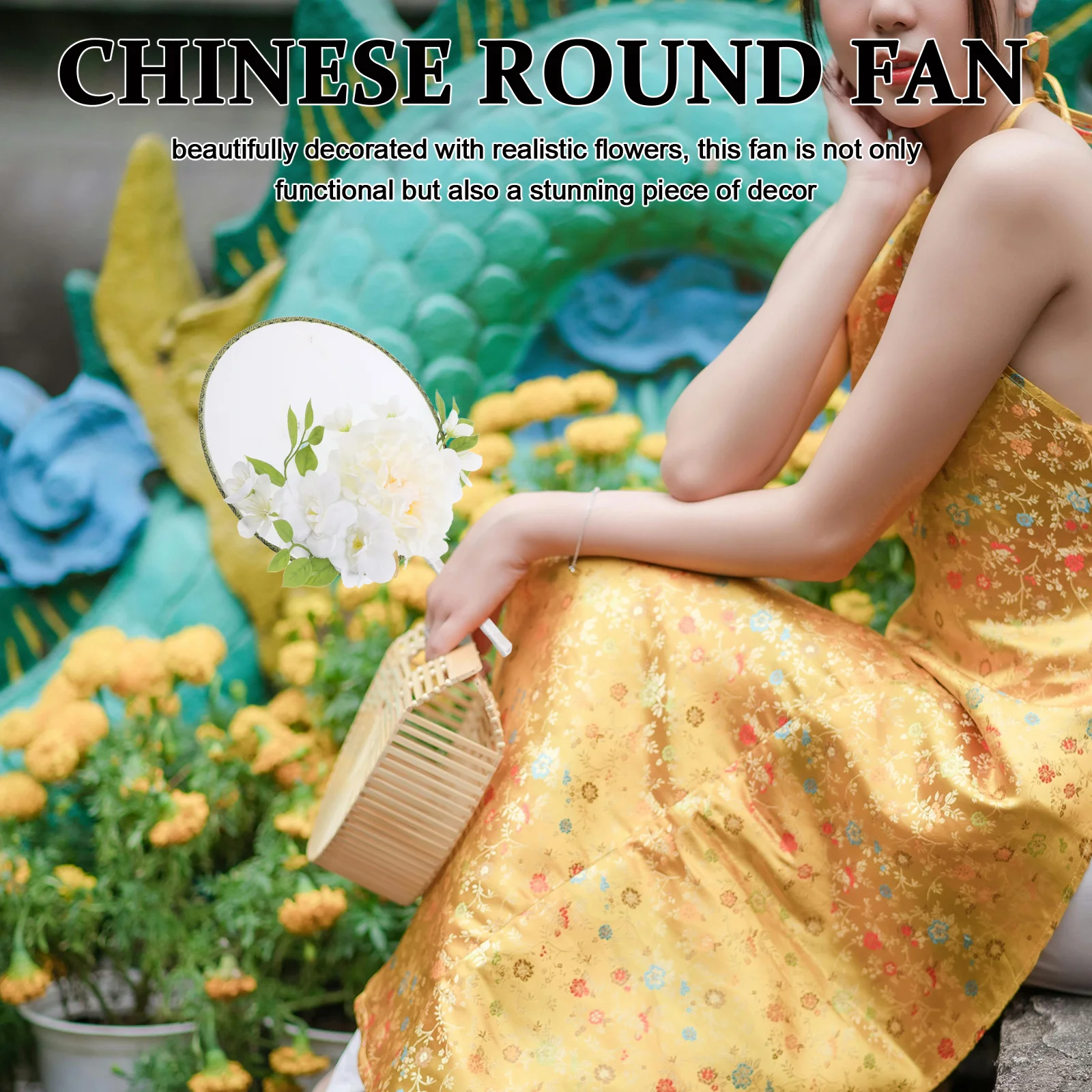 

Chinese Round Fan Traditional New Style Tassel Faux Flower Decor Vintage Handheld Fan Wedding Dance Summer Parties