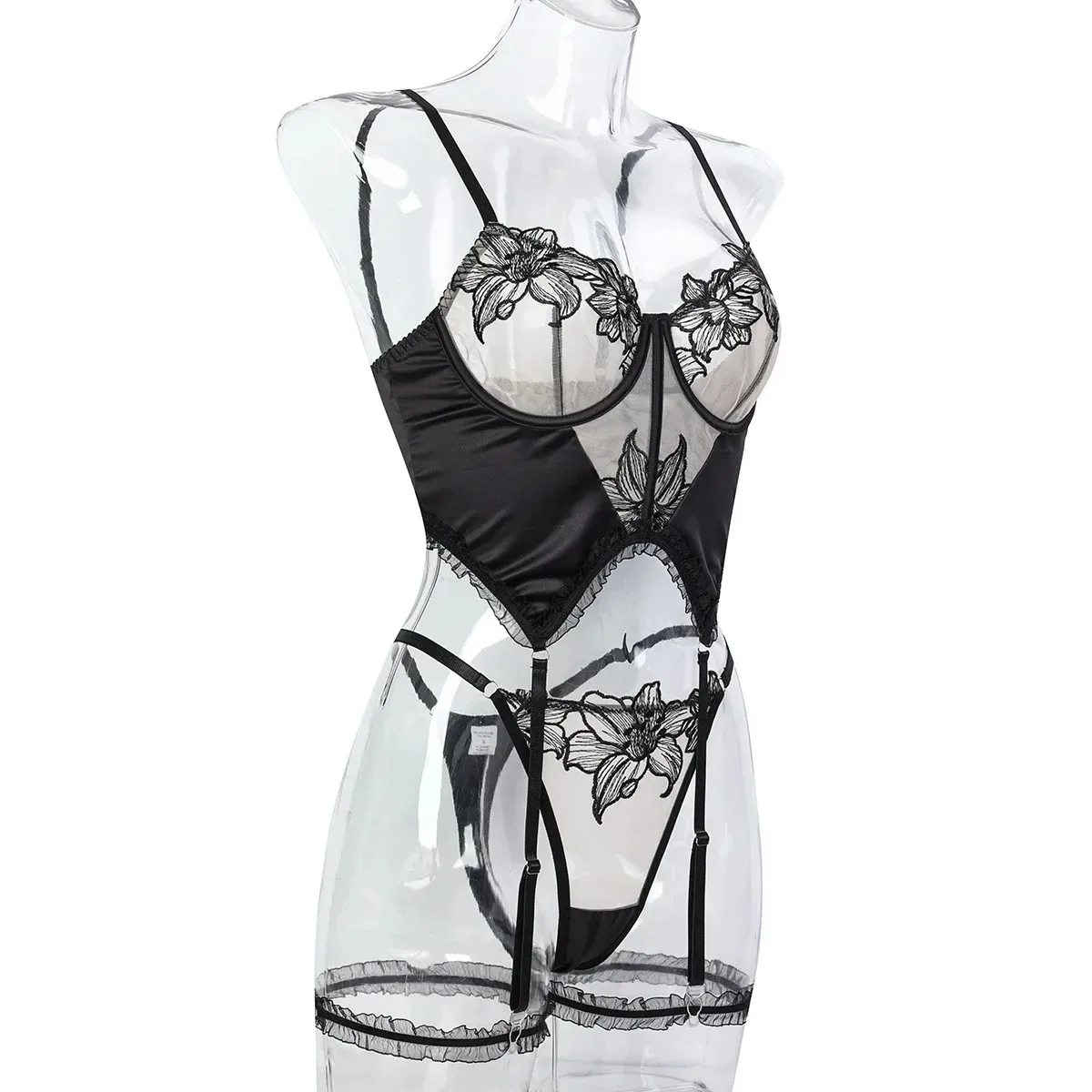 

French Sexy Floral Embroidery Lingerie Set Ultra-Thin Satin Patchwork Women's Bra and Thong Garter 4 Piece Exotic Underwear Suit