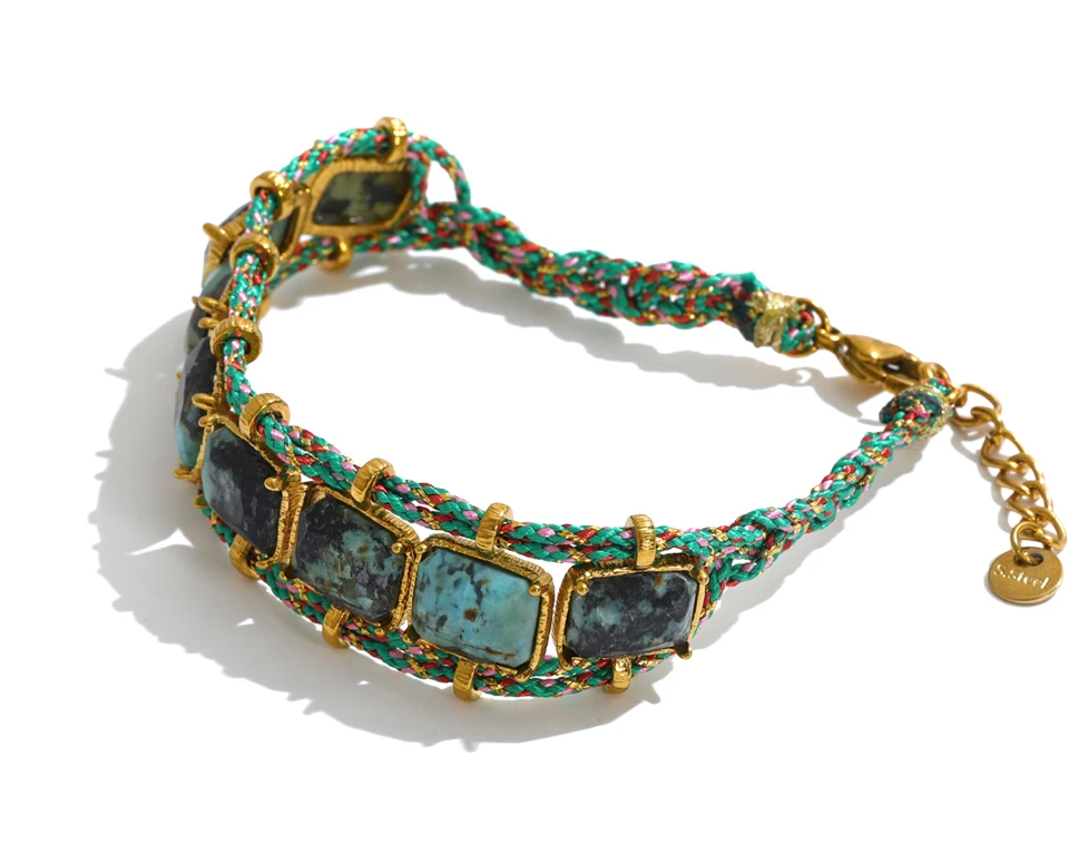 Yhpup Rhodochrosit Afrikanischer Türkis Stein Kettenarmband für Frauen Edelstahl Handgefertigter Exquisiter Schmuck – Detail 2