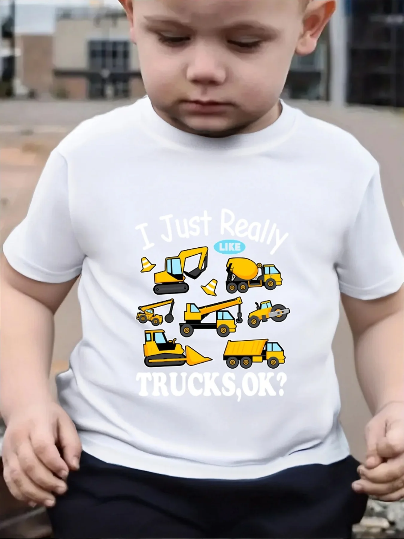 I Just Really Like Construction Trucks Letter Graphic Print Family Matching Short Sleeve Tee Boys Girls Kids Casual Daily Tops