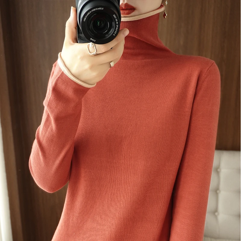 

Women Curled Pile Collar Color Blocking Pullover 100% Cotton Sweater Autumn Winter Knit Clothing Soft Bottoming Tops Long Sleeve