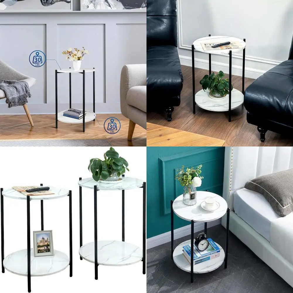 

Пара компактных черных приставных столиков со столешницей из искусственного мрамора, идеально подходит для гостиной, дивана или спальни в качестве современных тумбочек