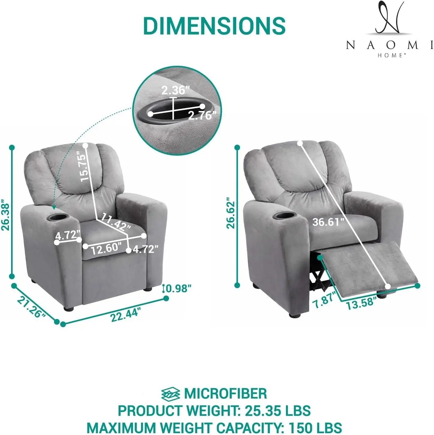 

Push Back Kids Recliner Chair with Footrest & Cup Holders, Push Back Toddler Recliner with Cup Holder, PVC Kids' Recliners