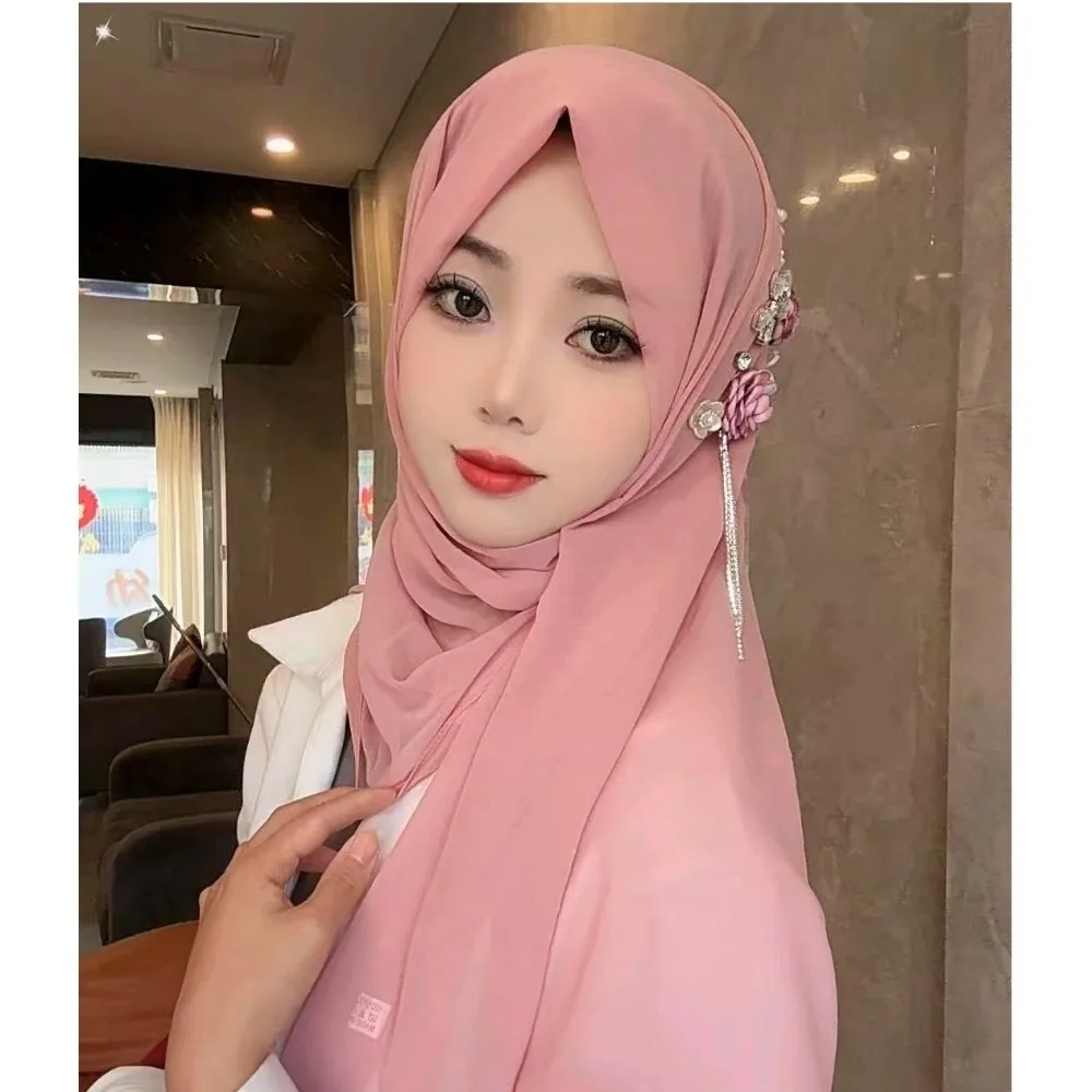 Elegant Pearl Chiffon Head Wraps Gauze Solid Color Plain Hijab Long Full Cover Islamic Headscarf