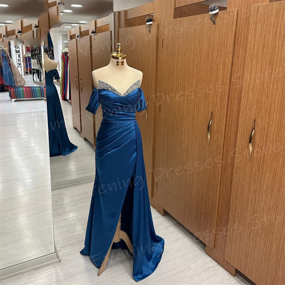 Fascinating Blue Mermaid Popular Women's Evening Dresses Sexy Sleeveless Prom Gowns Modern Side Split Beaded Vestido De Noche