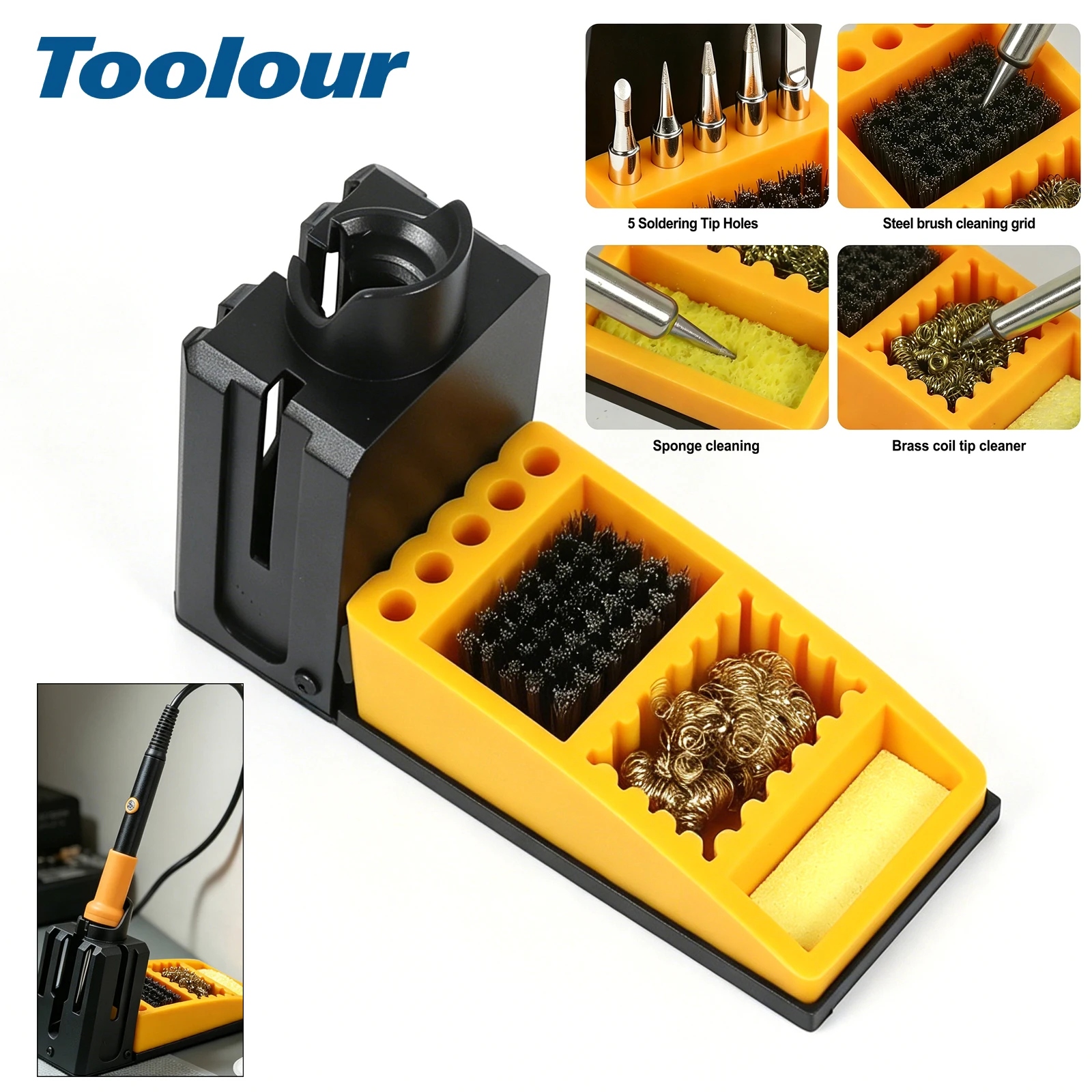 Heat-Resistant Soldering Iron Holder with Brass Wire Cleaning, Cleaning Sponge, Steel Brush Cleaning, 5 Tip Storage Slots