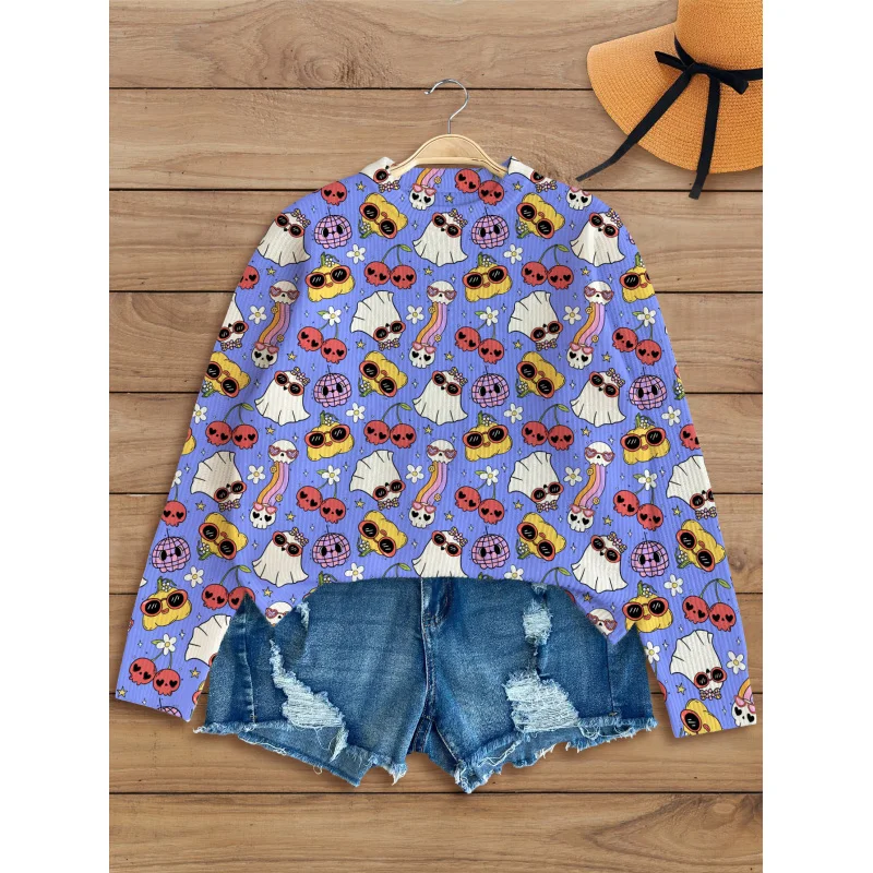 

Фиолетовый тыквенный призрак череп Хэллоуин принт узор для девочек теплый пуловер с круглым вырезом свитер повседневный свободный удобный