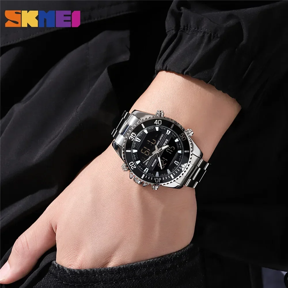 SKMEI 1850 นาฬิกาปลุกผู้ชายนาฬิกากันน้ําสแตนเลสRelogio Masculino Dual DisplayนาฬิกาMensแฟชั่นนาฬิกาข้อมือดิจิตอล