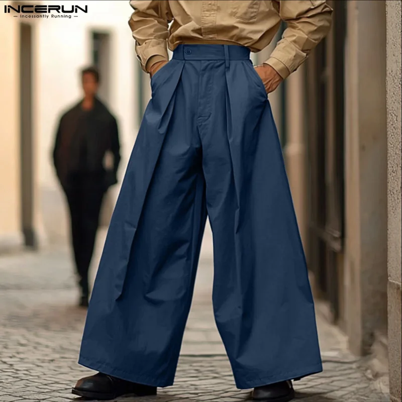 

Men Wide Leg Pants Solid Color Button Joggers Oversize Trousers Men Streetwear 2025 Fashion Casual Male Long Pants S-5XL INCERUN