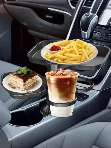 Imagen 2 del producto Bandeja Portavasos 3 en 1 Desmontable para Auto - Mesa Expandible para Comida con Rotación de 360° °   Bandeja de Mesa con Diseño Giratorio y Base Resistente para Viajes Largos