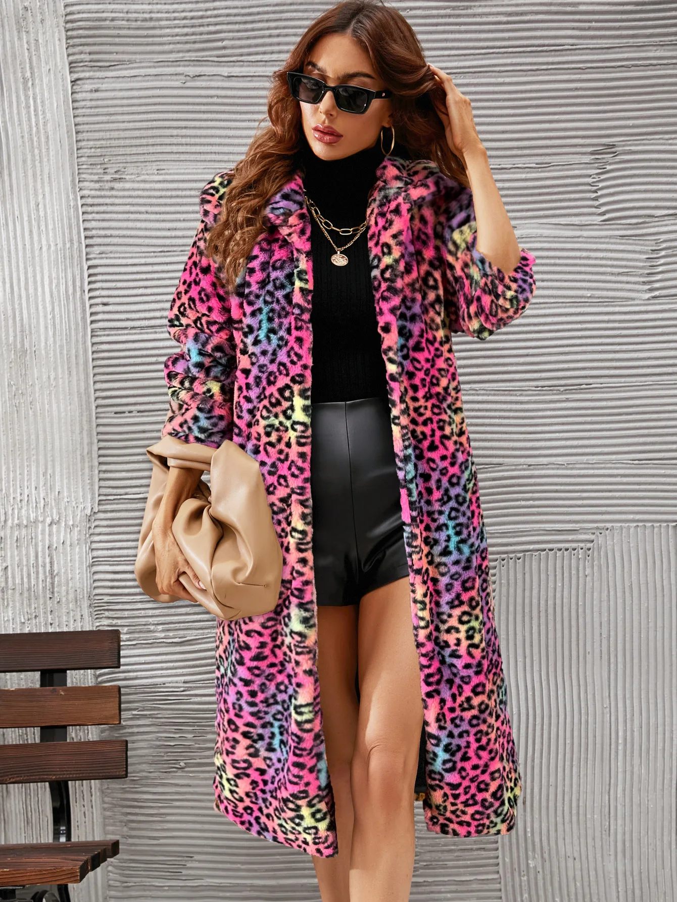 Leopard print Lapel Imitation fur Coat Plush Long Women\'s Coat Leisure Autumn and Winter Tops Women\'s clothing