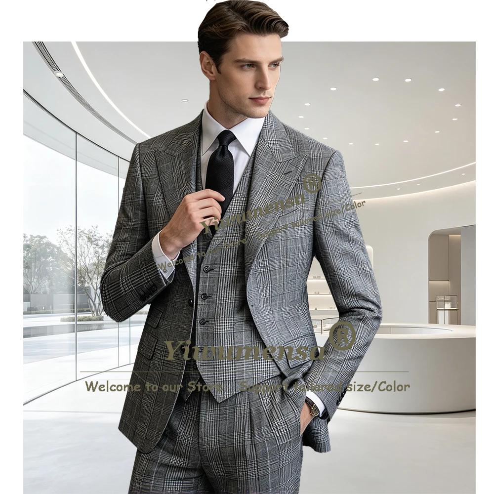 Classic Houndstooth Plaid Suits Men Formal Wear Single Breasted Jacket Vest Pants 3 Pieces Man Daily Party Tuxedo Ropa Hombre