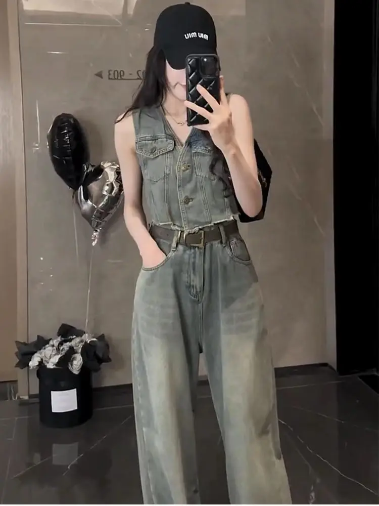 Fashion Korean Version Denim Summer Set with Retro Sleeveless Vest Vest Vest and High Waisted Wide Leg Pants Two-piece Set