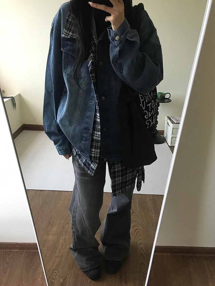 Grote maat Amerikaanse retro high street geruite denimjas dames herfst winter los ontwerp Sense jas bovenkraag knoop...