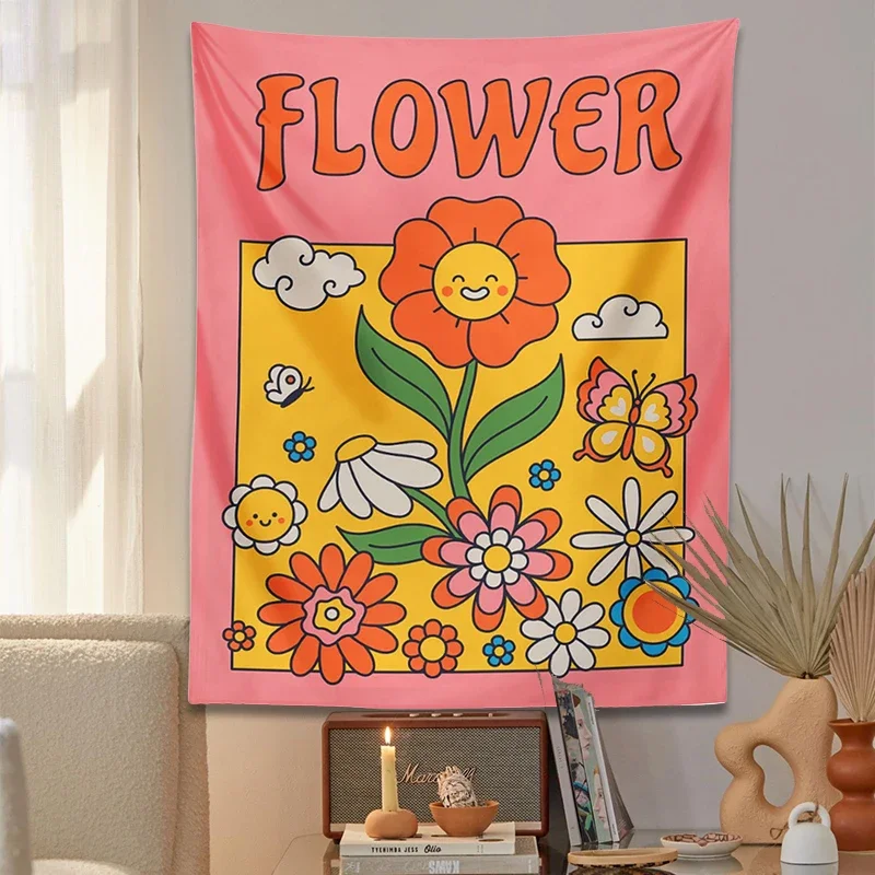 Anni '70 arazzo psichedelico fiore tramonto Trippy rosa appeso a parete Stay Groovy room decor Hippie Peace sign Room Home Decor Cloth