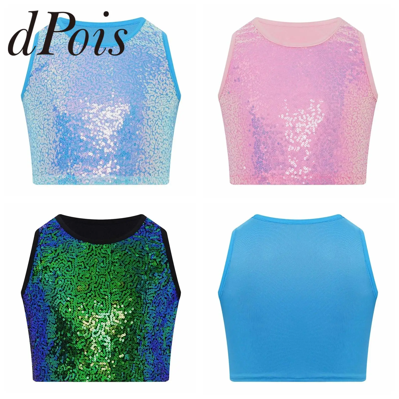 

Shiny Tops Girls Sparkling Sequin Vest Fashion Children Jazz Dance Crop Top Sleeveless Tanks Street Stage Performance Cosutme