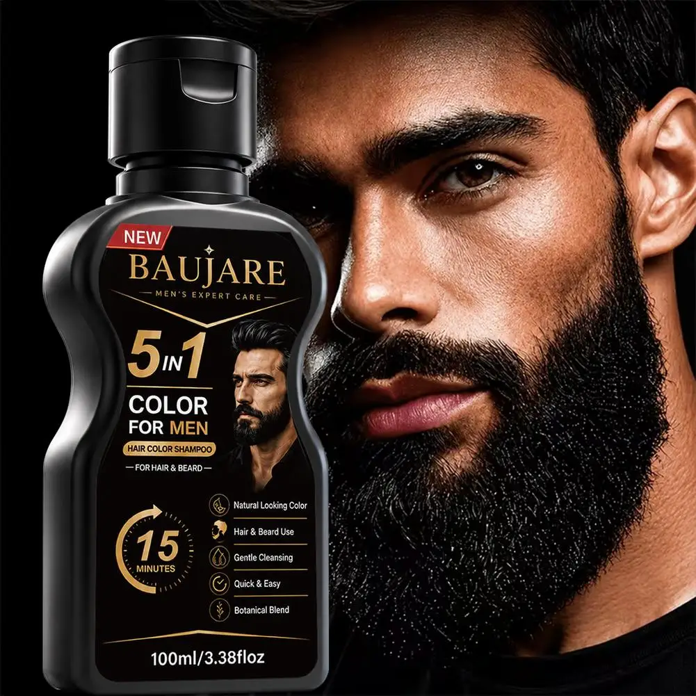 Men 5 In 1 Hair Color Shampoo Natural Looking Hair Dye Fast Coloring Beard Tint Botanical Blend Care