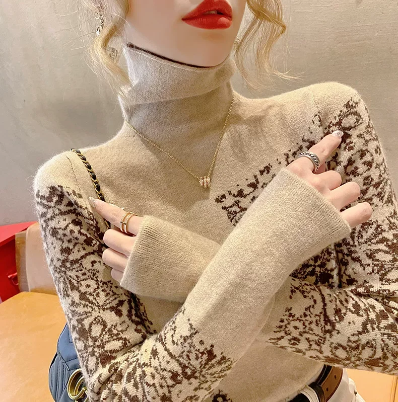 Turtleneck sweater women long sleeved autumn winter fashion slim fit flower innerknit top KN1753