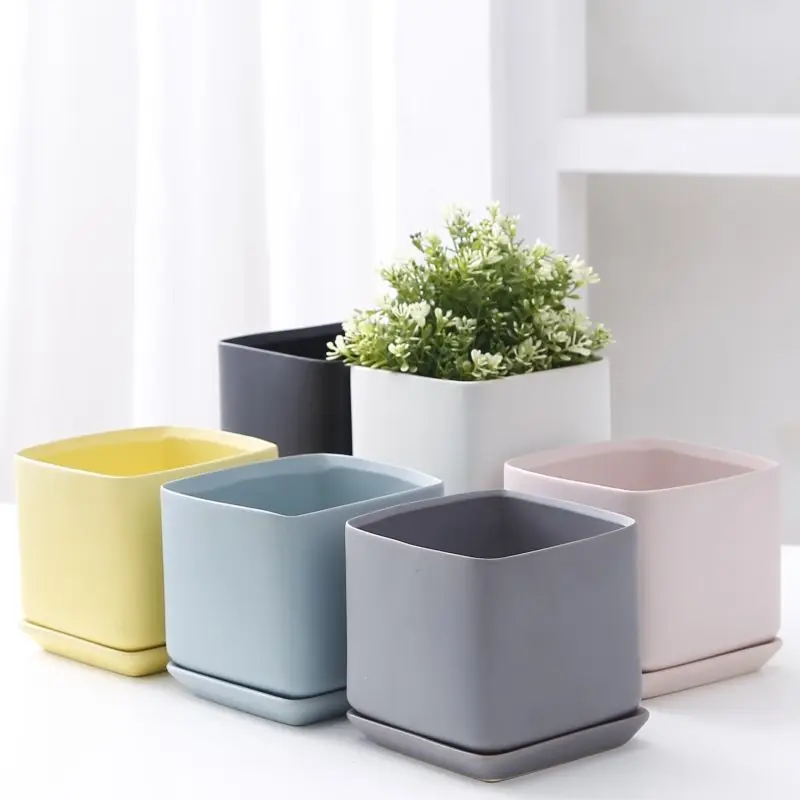 Nordic Light Luxury Ceramic Flowerpot with Tray Round Square Marble Pattern Simple Green Dill Succulent Green Plant Creative Pot