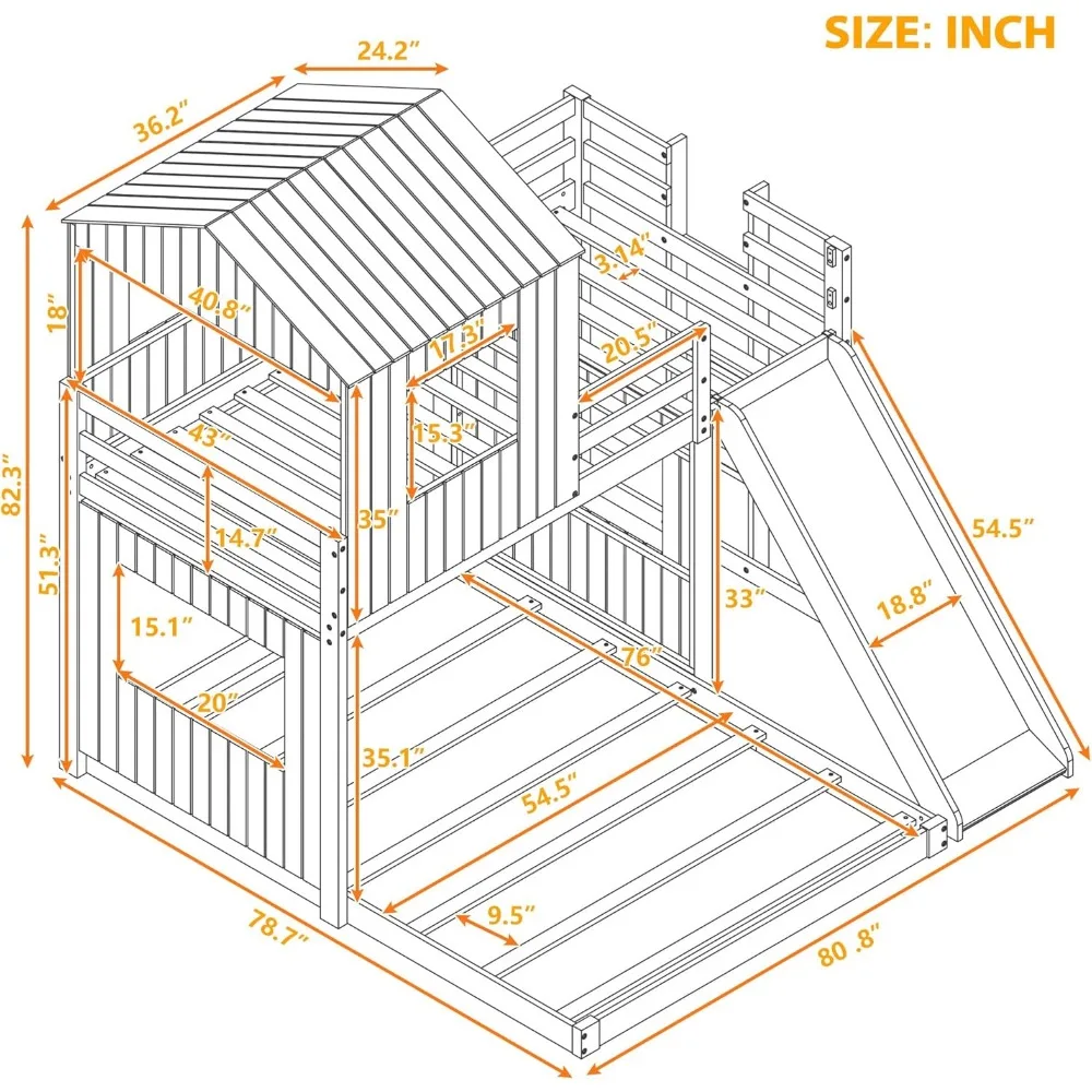 Twin Over Full Bunk Bed Frames with Slide, Safety Guardrails and Ladder for Teens, Girl or Boys, House Shape Children Beds