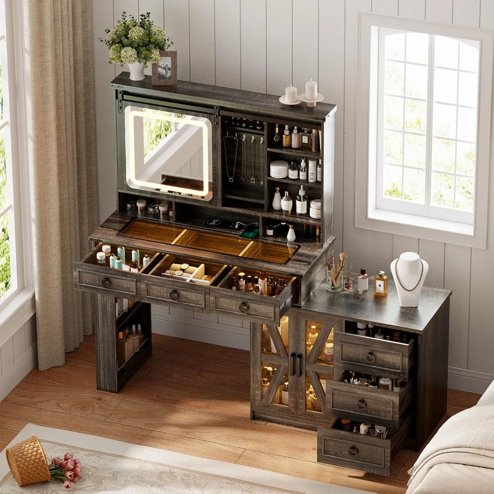 

60W Farmhouse Makeup Vanity Desk with Sliding Mirror and Lights, Charging Glass Top Large Vanity Table with Jewelry Storage,Vani