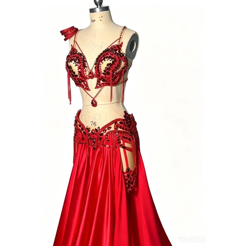 Customized Belly Dancewear and Oriental Dance Clothing Group Stage Performance Costume Red Belly Dancing Bra Split Skirt