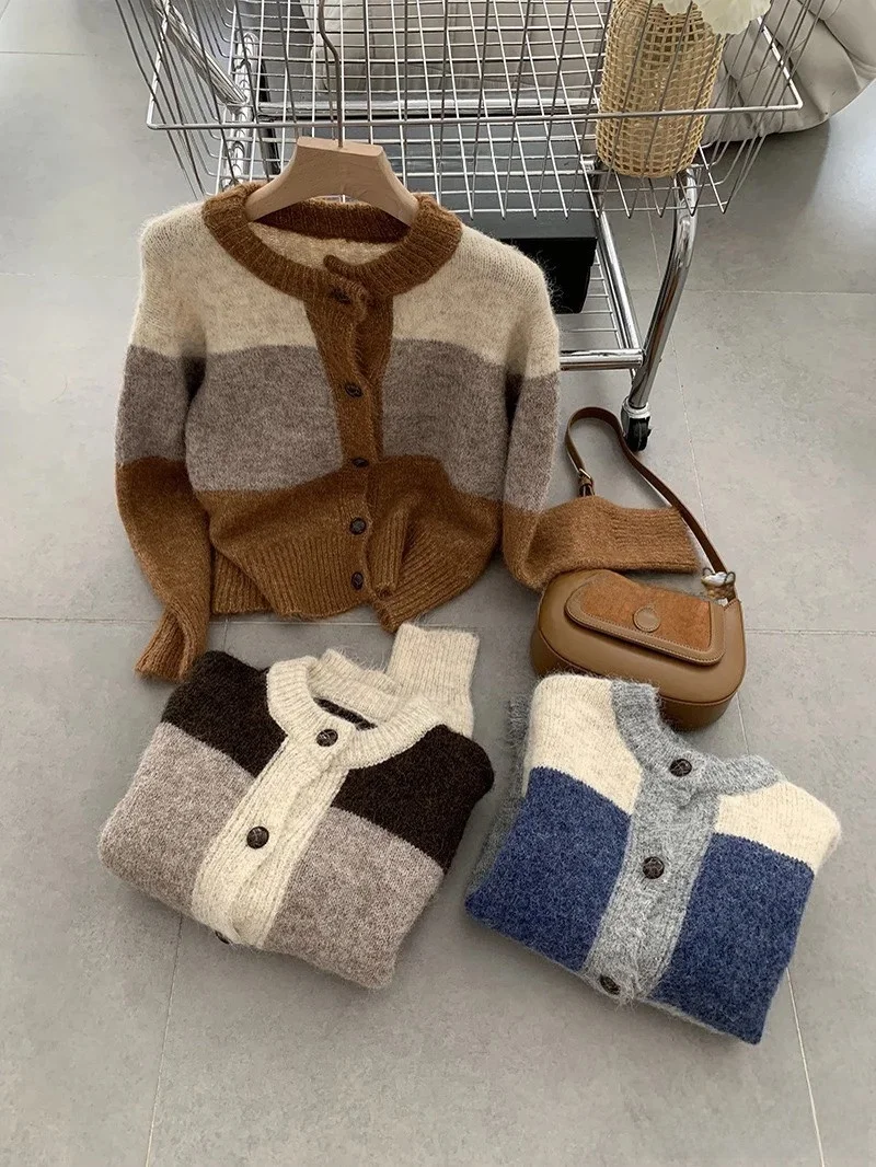Korean Sle round Ne Knitted Open Cardigan Women's Autumn Winter New Soft Cozy Striped Color Blo Casual Sweater Jaet