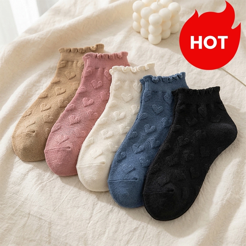  Spring Summer Women No Show Socks 5 Pairs Invisible Low Cut Ankle Socks Breathable Solid Color Cute Heart Pattern Casual Socks 
