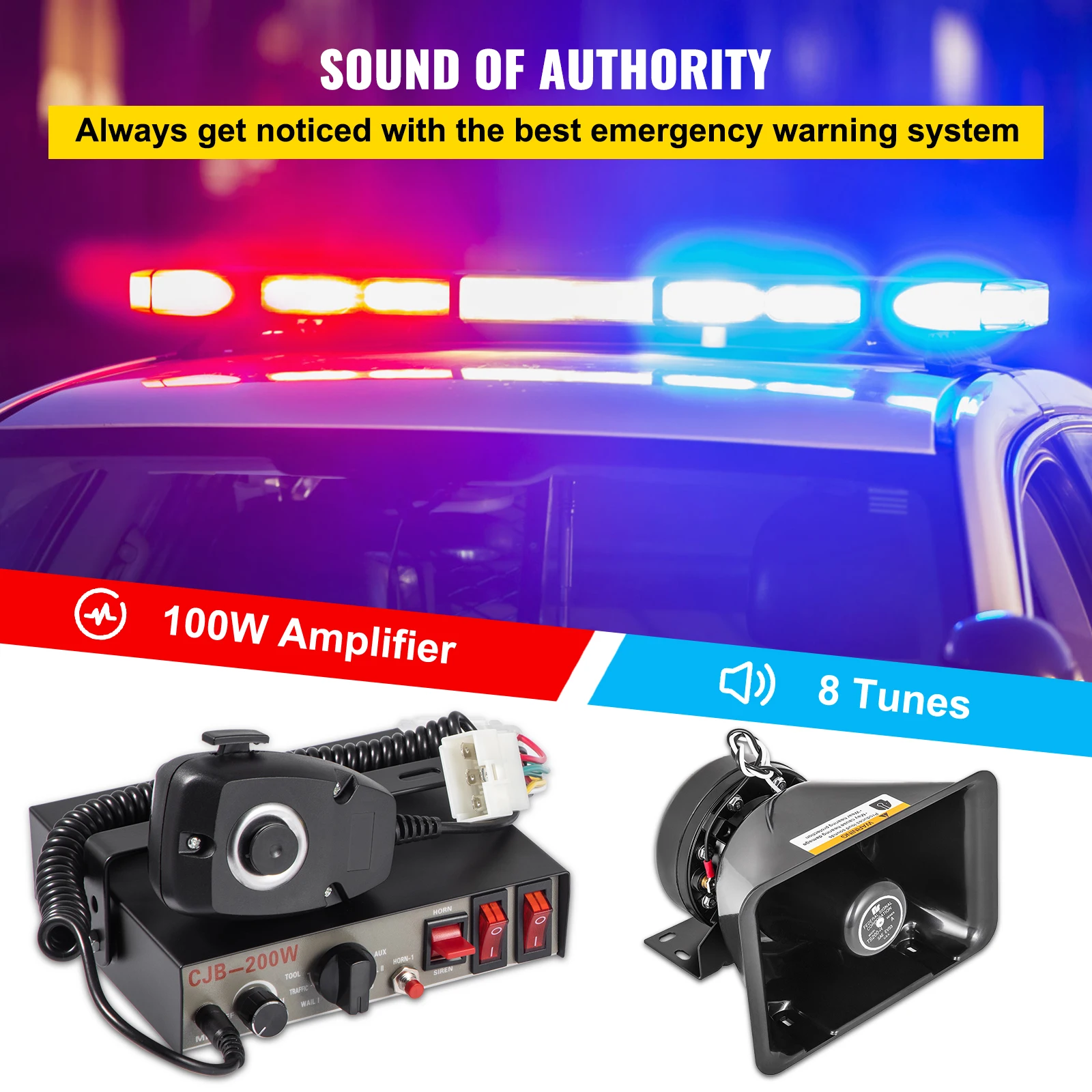 VEVOR 100 / 200W 12V DC Car Alarm Professional PA System 8 Kinds of Warning Sounds with Handheld Mic for All Specific Vehicles