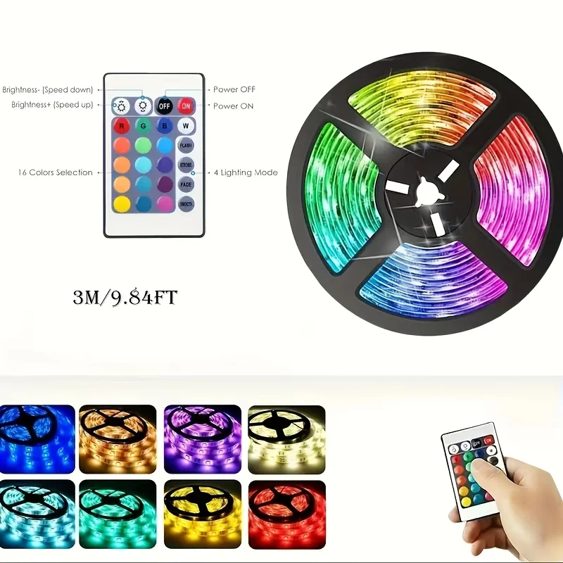 

Светодиодная лента 5050 RGB, 30 светодиодов/м, 5 В, USB-блок питания, пульт дистанционного управления с 24 клавишами, подходит для ТВ-фона, спален и праздничного декора