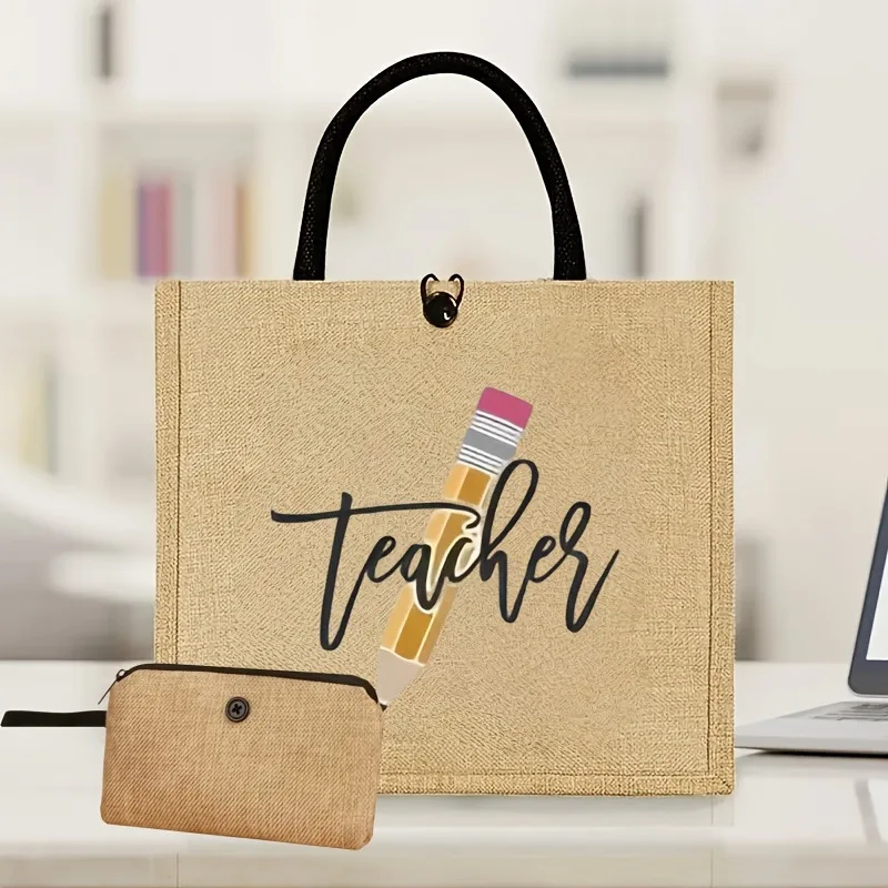 Teacher Pencil Print Linen Tote Bags Large Capacity Teacher Gift Burlap Bag, School Season Reusable Shopping Bags