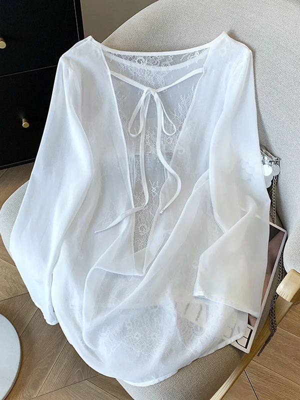 

Versatile Lace Patchwork Belted Long Sleeve Thin Sun Protection Loose Top Women's Shirt Early Spring 2026 Design Sense