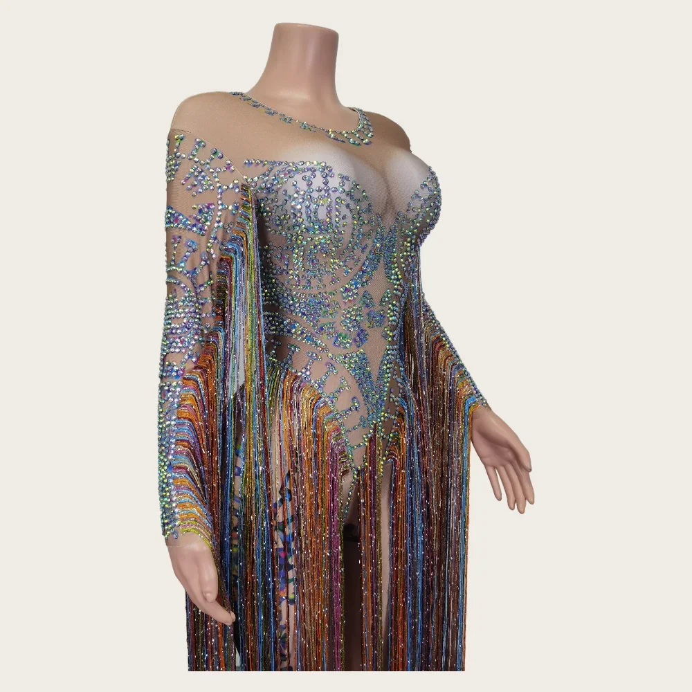 

Rhinestone Tassel Rompers Women One Piece Jumpsuits Sexy Women Party Prom Stage Performance Dance Leotard Club Diamond Bodysuit