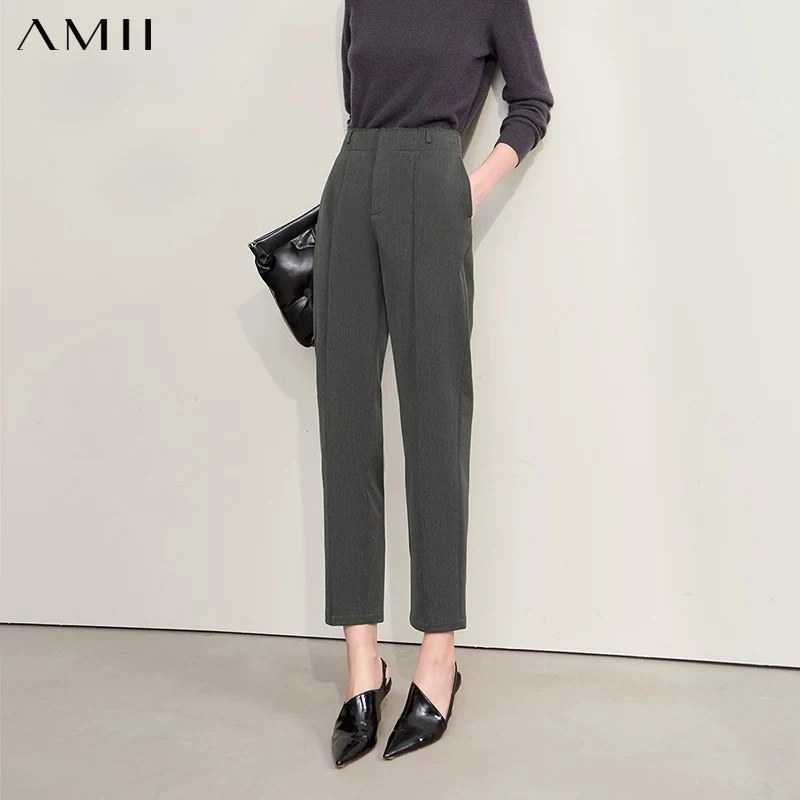 AMII Women Pants 2026 Winter New Minimalism Commuter Nine-point Pants For Woman Casual Solid Versatile Ladies Clothing 12544095