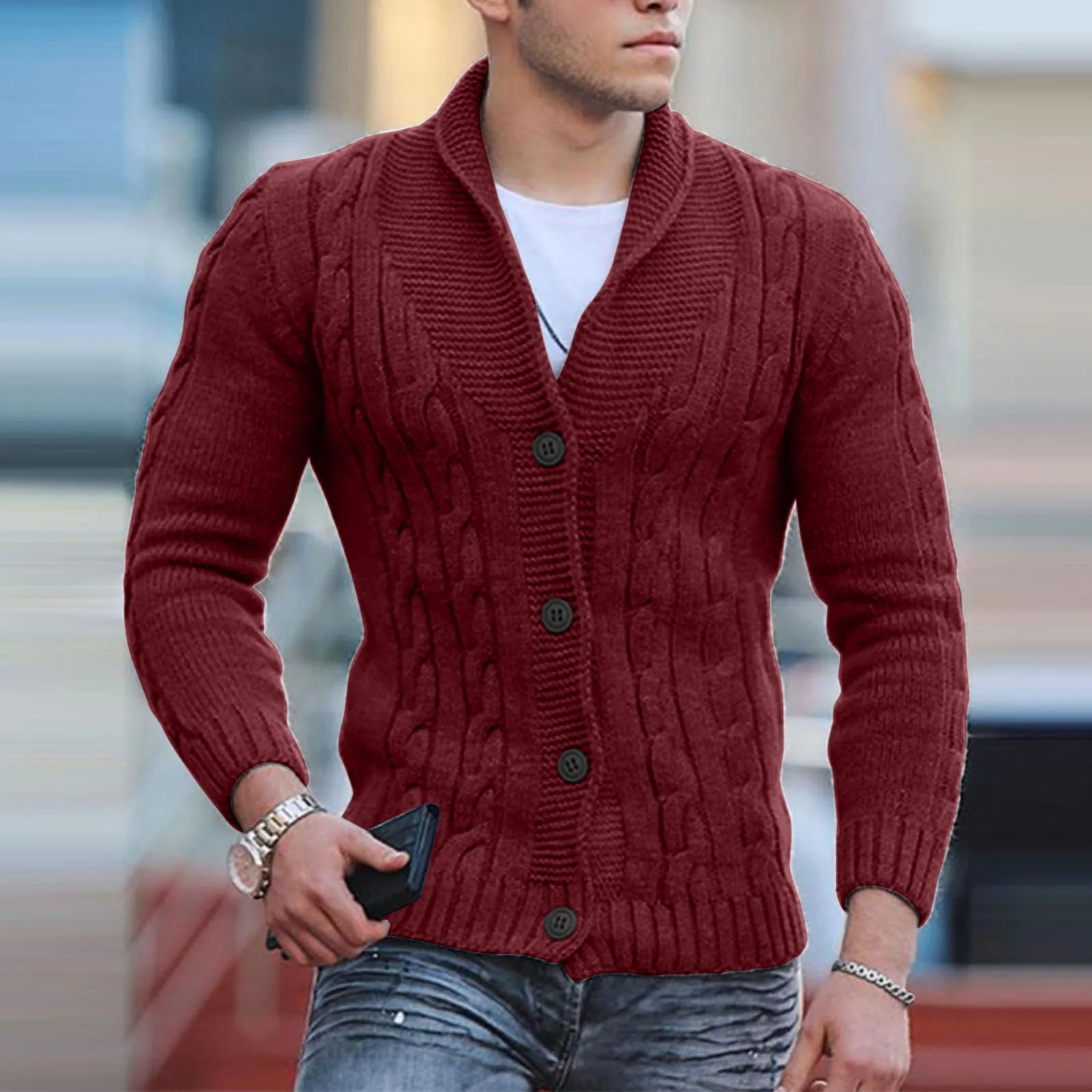 Mens Fashion England Style Knitted Cardigan Sweater 2024 New Shawl Collar Loose Fit Long Sleeve Single-Breasted Cardigans