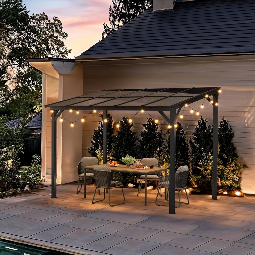 8'X 10 'hardtop pavilion, terrace pavilion with metal frame and roof, outdoor wall mounted pavilion for deck and garden