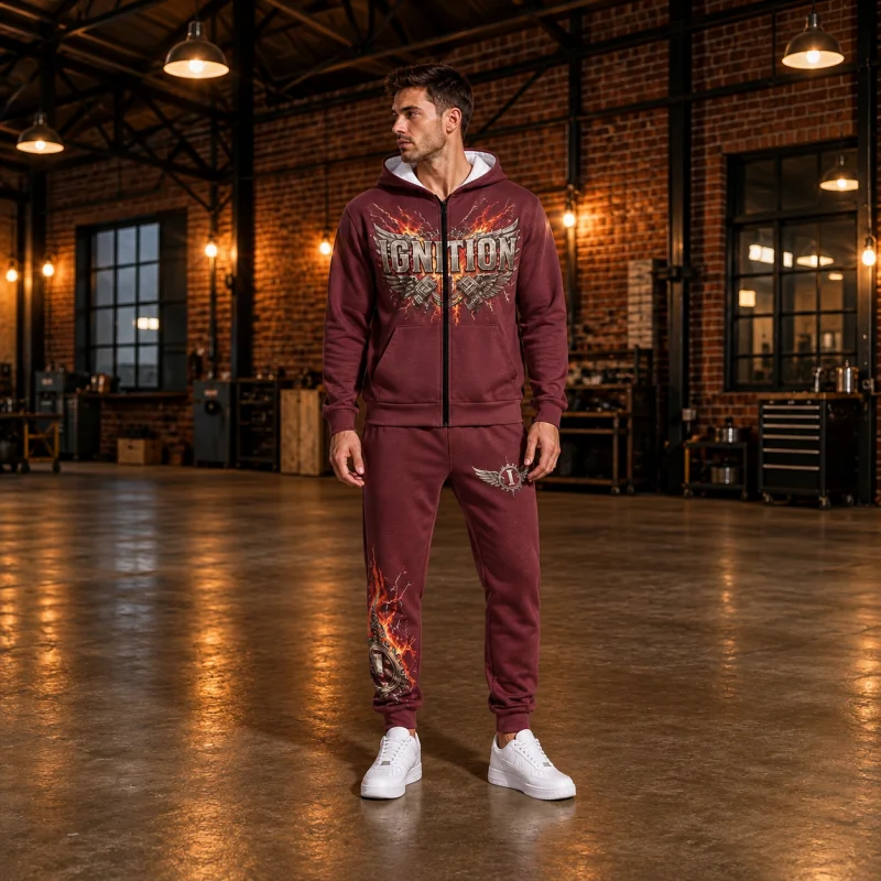 Men's Burgundy Tracksuit 2Pcs Set Zip Up Hoodie Sweatpants Flame Graphic Wing Print Gothic Streetwear Casual Jogger Outfit