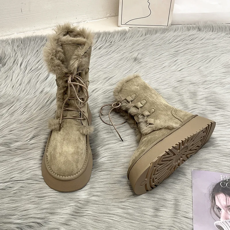 

2025 New Women Ankle Boots Winter Warm Outdoor Leisure Working Fur Snow Boots Wedges Heels Platforms Lace-Up Shoes Woman