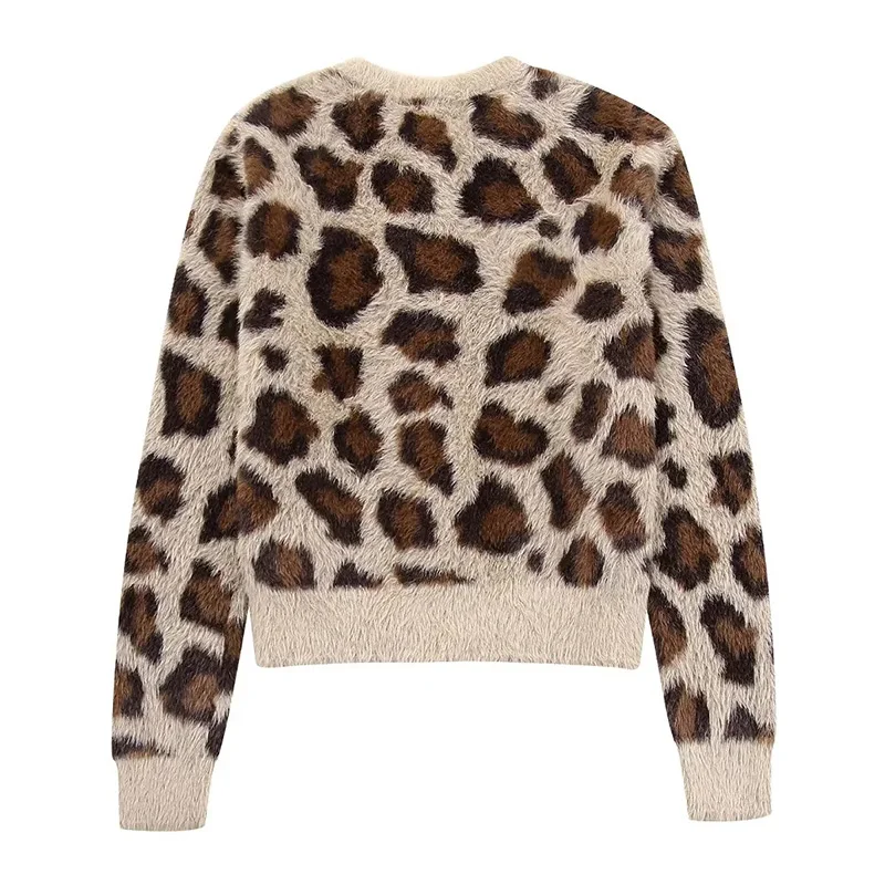 Casual Leopard Print O-Neck Cardigan Sweater Loose Long Sleeves Women Fashion Office Lady Clothing Winter Warm Sweater Tops