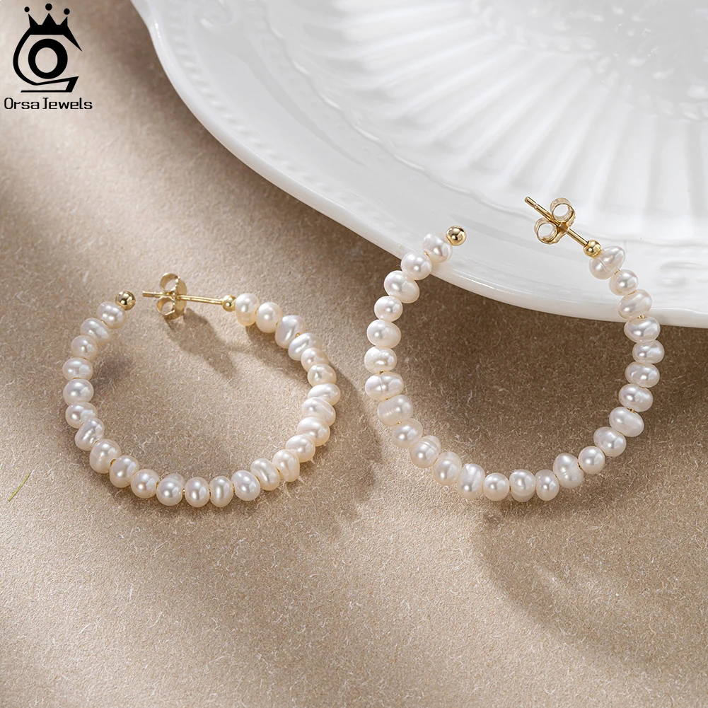 ORSA JEWELS 925 Sterling Silver Round Pearl Hoop Earrings for Women 4mm Irregular Baroque Pearl Ear Buckle Wedding Jewelry GPE69