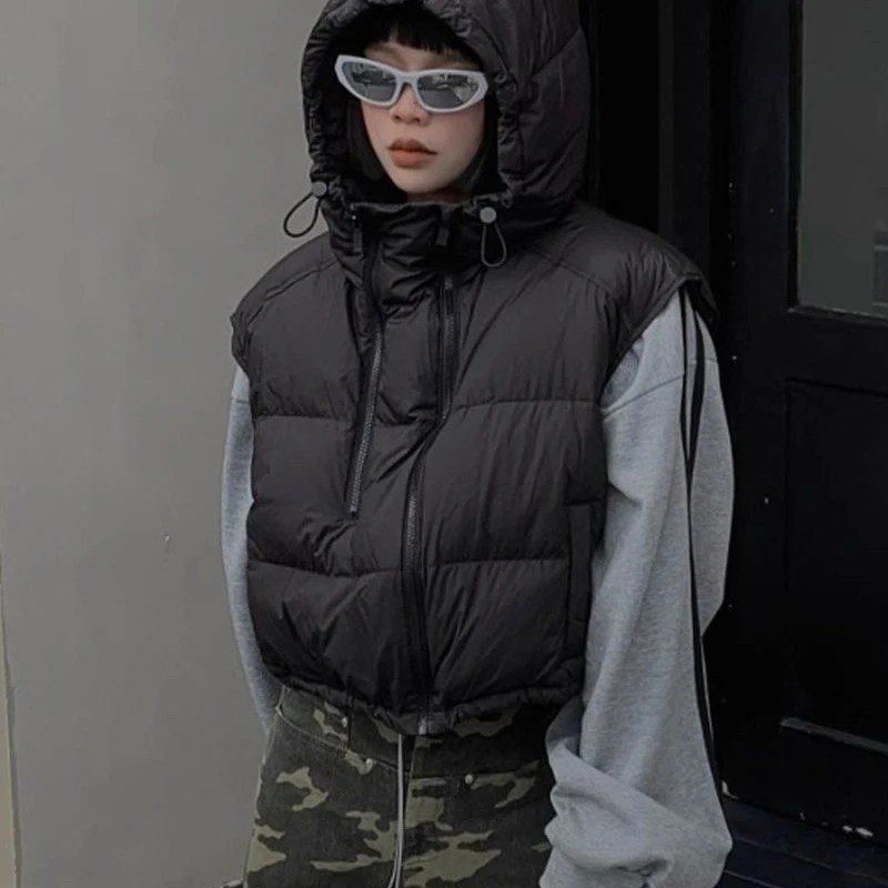 Autumn Winter Short Down Cotton Waistcoat Women 2025 New Fashion Loose Casual Hooded Cotton Vets Zipper Outerwear Female
