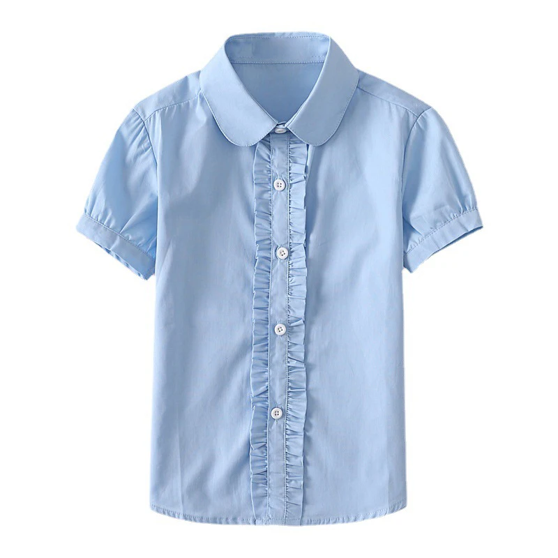 Summer Kids Blue Shirts for Girls School Uniform White Blouses Short Sleeve Preppy Cotton Children Clothing Vestidos 6 8 10 14 Y