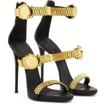 Women Black Leather Gold Watch Band Ankle Strap Heel Sandals Open Toe Stiletto Party Shoes Luxury Statement Footwear for Events