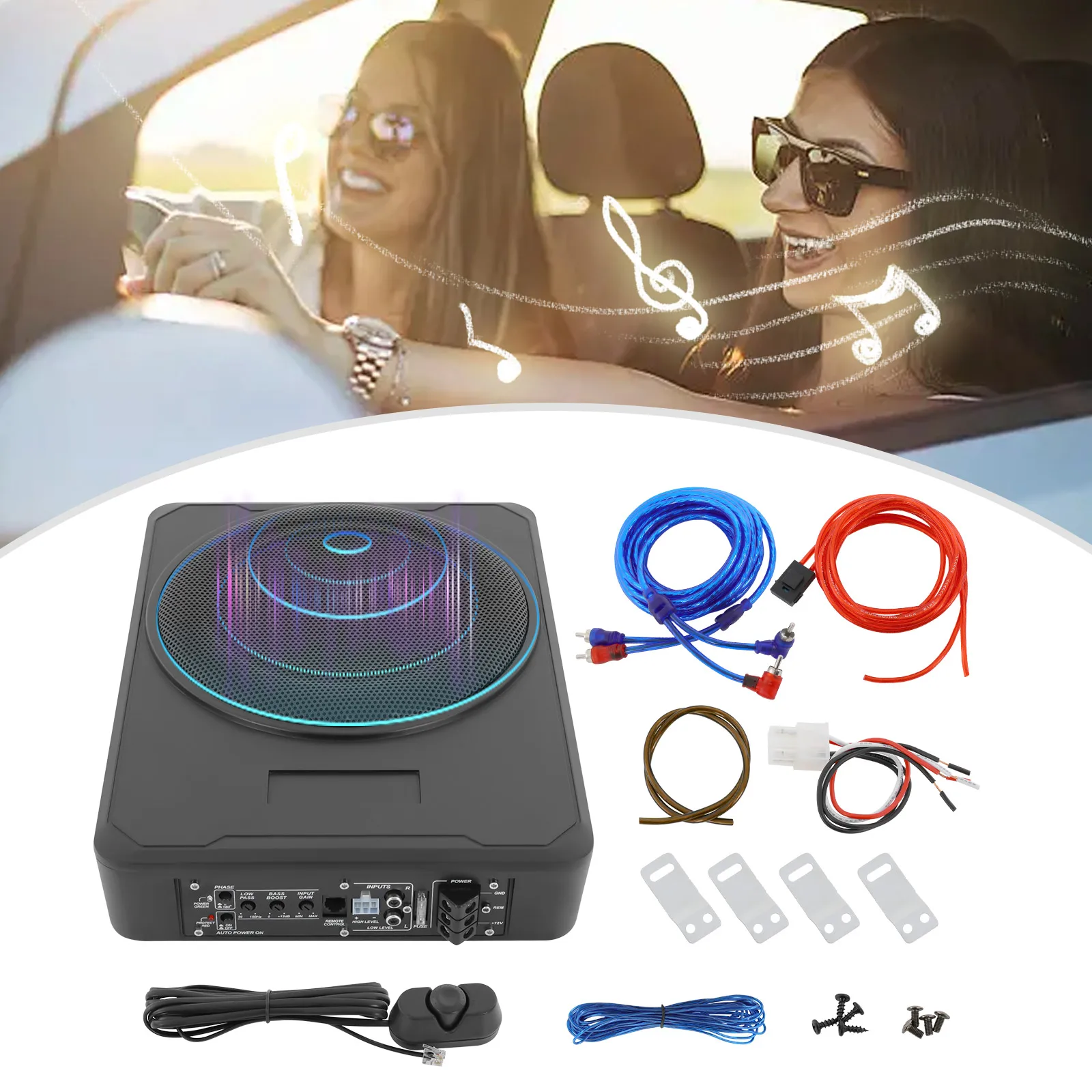 600W 10 Inch Car Subwoofer Amplified Sound Box for under Or behind Seat Installation Compact Vehicle Bass Speaker